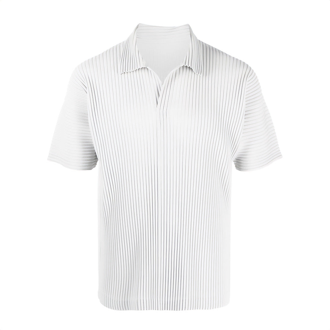 Men's white pleated polo shirt relaxed fit breathable polyester lapel collar subtle texture