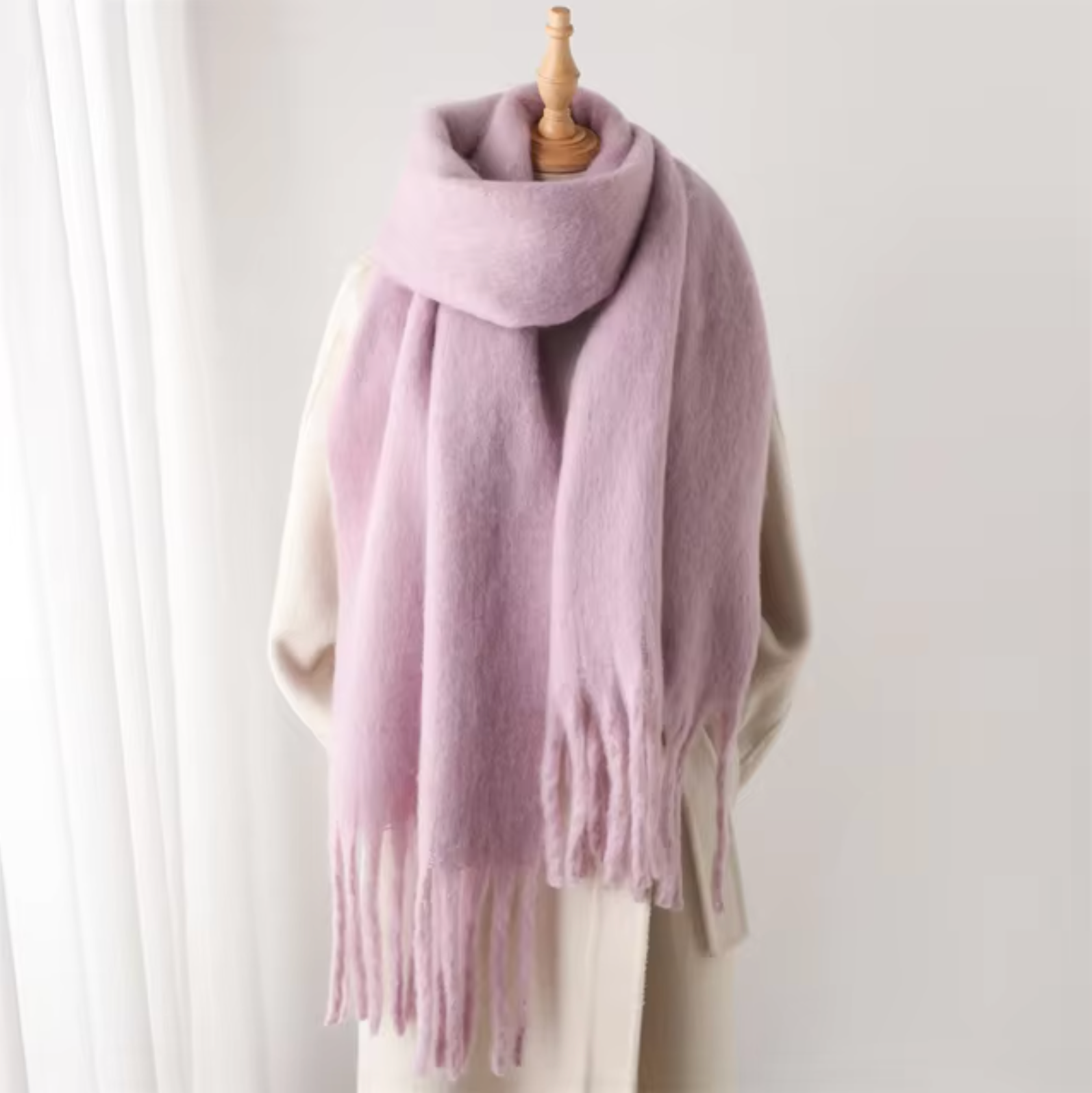 Women's cashmere-like winter pashmina scarf with long fringe, solid color, soft wrap style