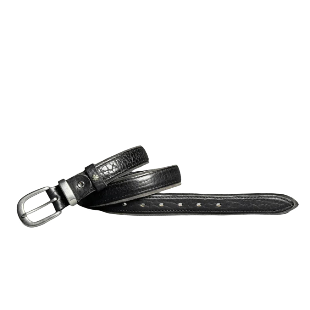 Men's brown vegetable-tanned cowhide leather belt with brushed buckle and star-embossed keeper
