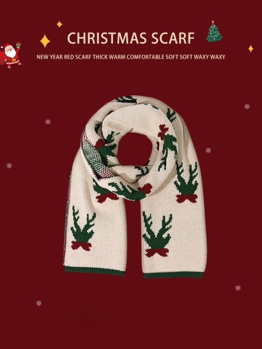 Women's red knitted Christmas scarf with geometric elk motif, retro style, soft warm everyday wear
