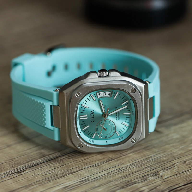 Deltamarine chronograph quartz watch aqua sunburst dial brushed stainless steel case and strap