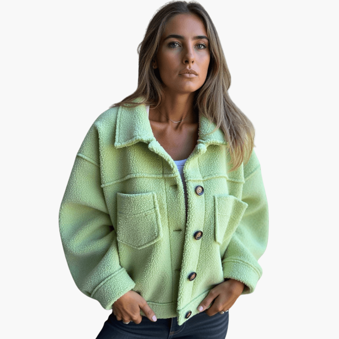 Women's fleece jacket button-front cozy fit winter warmth everyday casual style layering piece