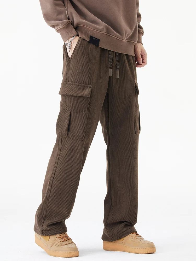 Warm beige corduroy cargo pants fleece-lined straight leg cut for winter streetwear style