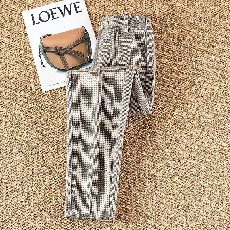 Women's herringbone wool-blend pencil trousers high-waist tailored fit office-ready warm breathable