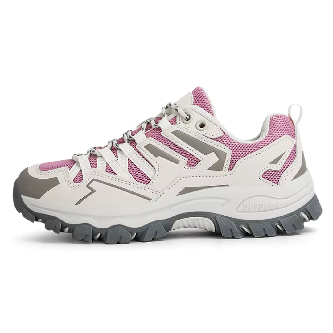 Women's gray mesh low-top orthopedic hiking shoe with reinforced toe and breathable lace-up design