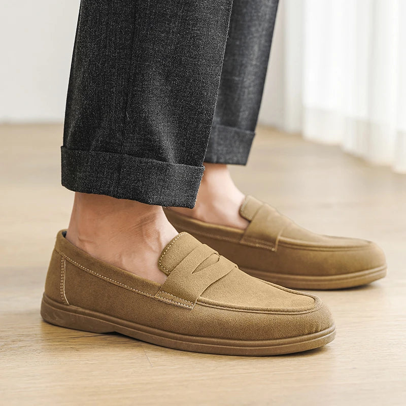 Men's black microfiber penny loafer slip-on minimalist low-profile soft insole suede-touch matte finish