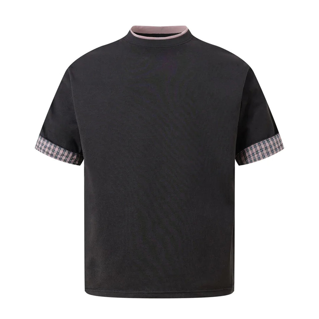 Urbann-Vibe plaid mirage crew-neck cotton t-shirt with contrasting plaid sleeves for urban weekend style