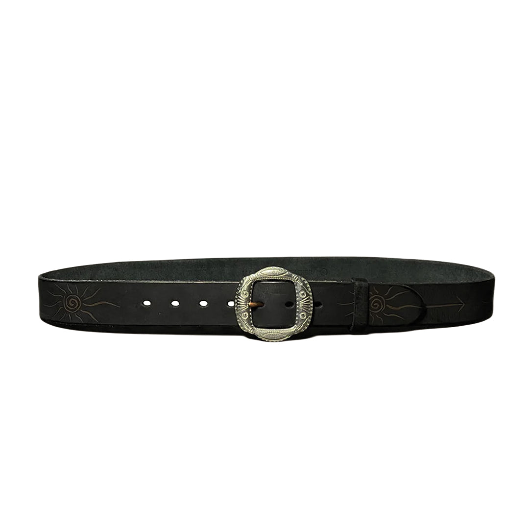 Men's handmade genuine leather belt with carved steel buckle featuring sun arrow motifs