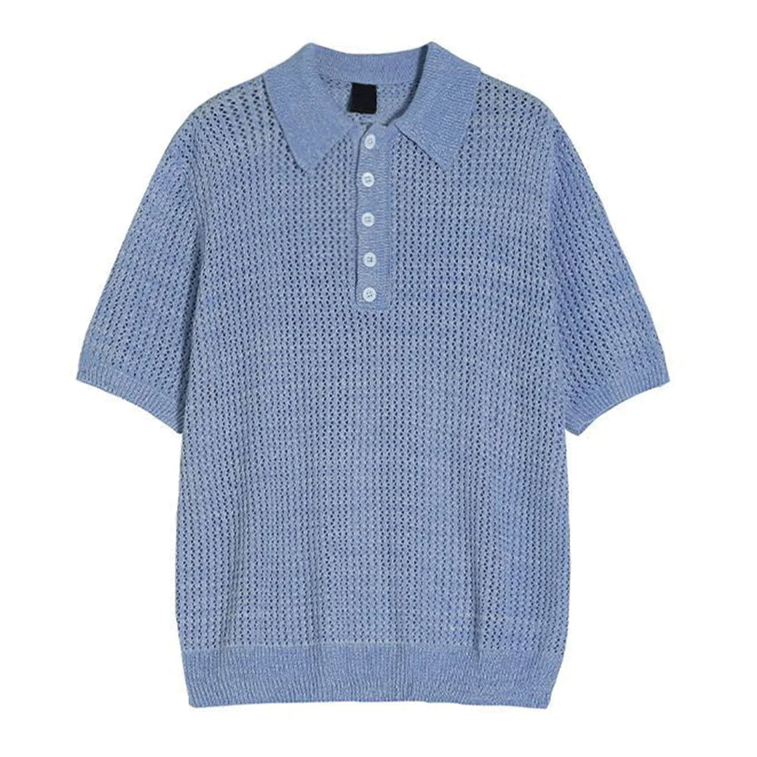 Men's cream open weave knit polo shirt oversized relaxed fit with textured cotton blend fabric