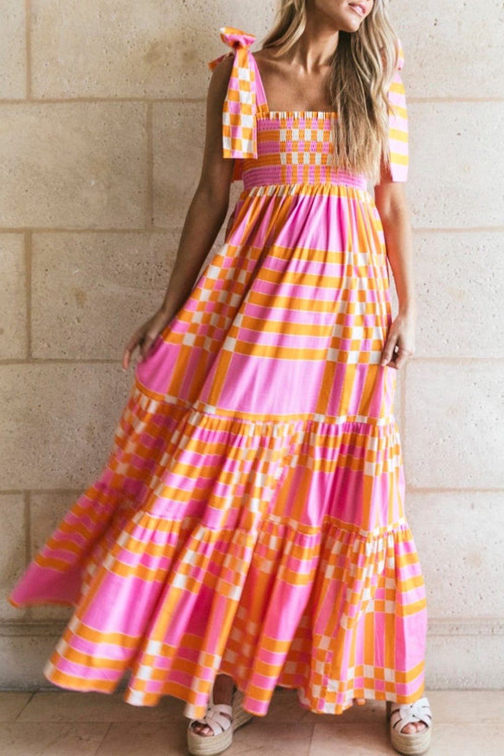 Women's checkered cotton maxi dress A-line fit with bow straps, airy day-to-night silhouette