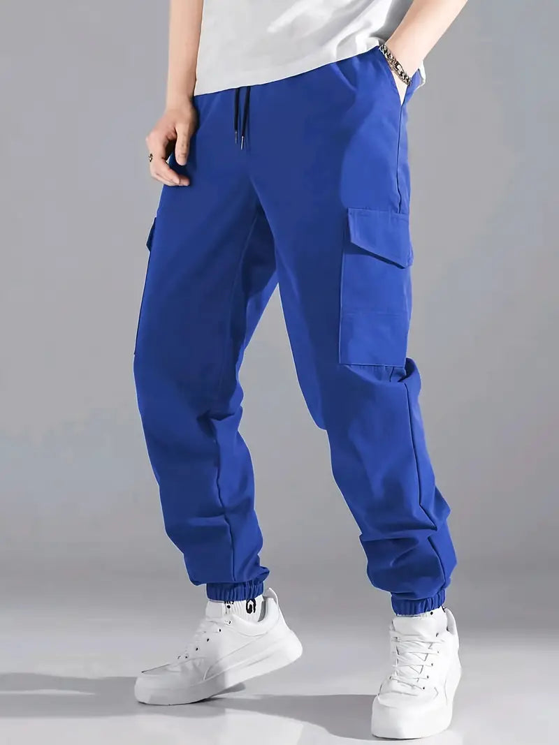 Men's relaxed fit outdoor cargo pants durable fabric spacious side cargo pockets casual style