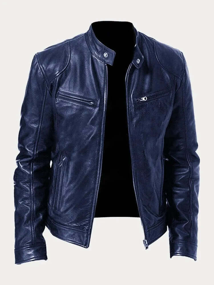 Men's black classic leather jacket with stand collar, snap button, front zip, biker-inspired rugged style