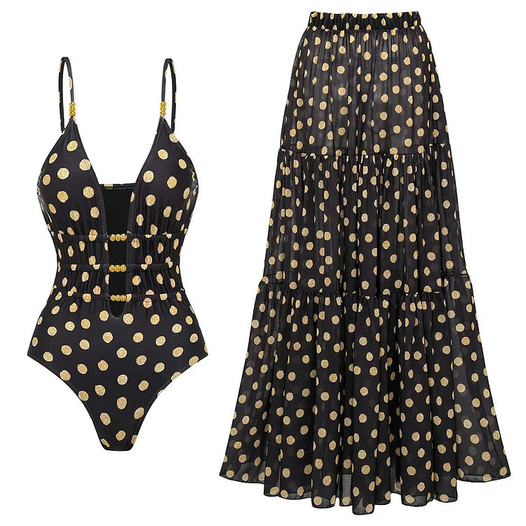 Black gold polka dot V-neck one-piece swimsuit with matching wrap skirt, chic beach resort style