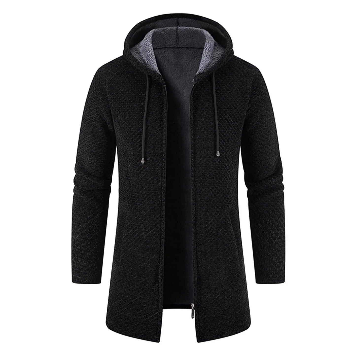 Men's long hooded knit jacket loose fit urban casual style soft texture warm versatile layer