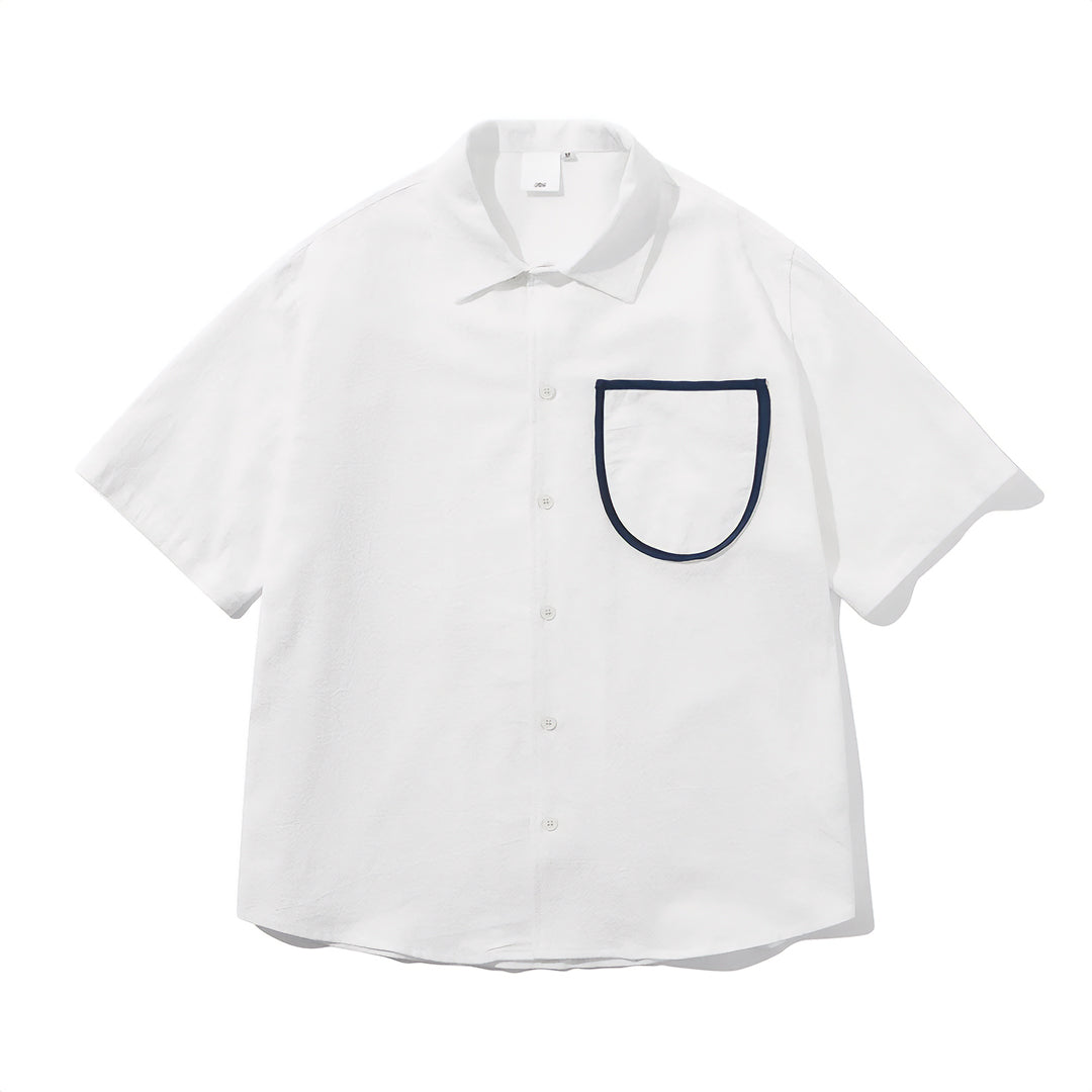 Men's white cotton camp collar shirt loose fit with contrast chest pocket summer top