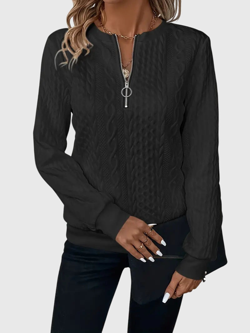 Cream half-zip cable knit sweater unisex structured fit with raised textured pattern for layering