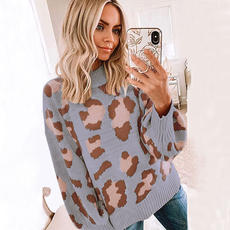 Women's leopard print wool blend crew neck sweater oversized cozy knit street style