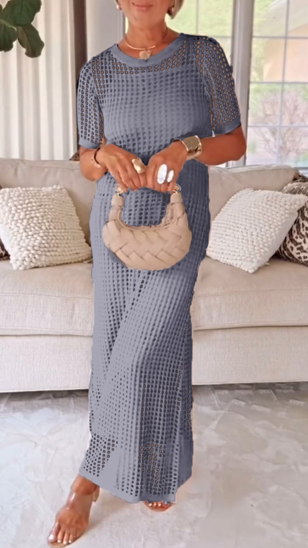 Women's two-piece polyester dress set boat neck hollow cutout airy breathable casual elegant style