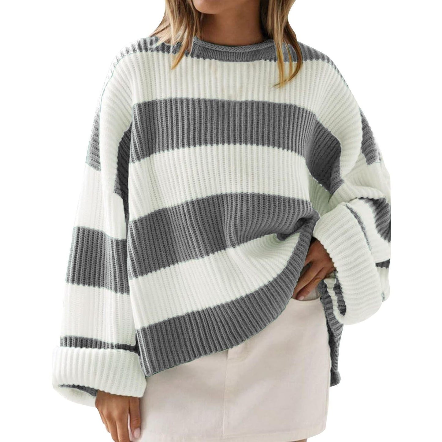 Women's casual striped knit sweater with spandex blend for flexible comfortable everyday fit