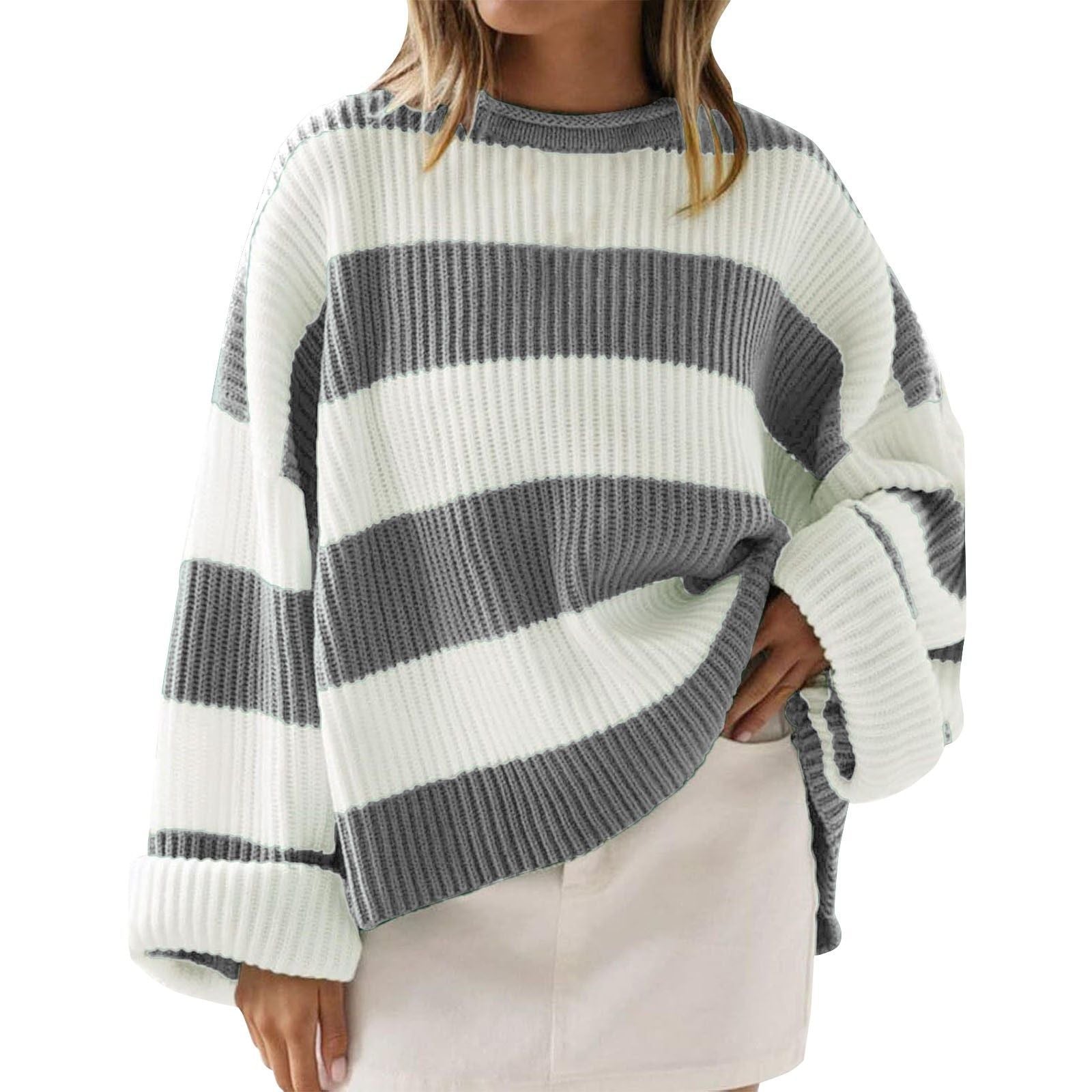 Women's casual striped knit sweater with spandex blend for flexible comfortable everyday fit