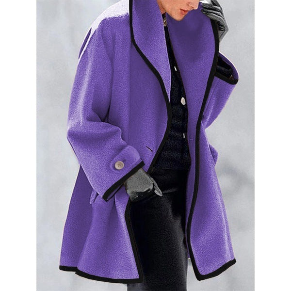 Women's loose fit coat with bold contrast piping trim, wide collar, elegant silhouette