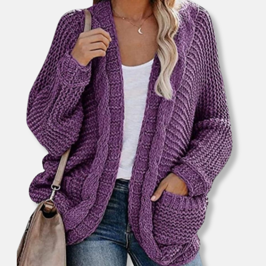 Women's oversized wool cardigan with ribbed open front pockets, cozy winter layering essential