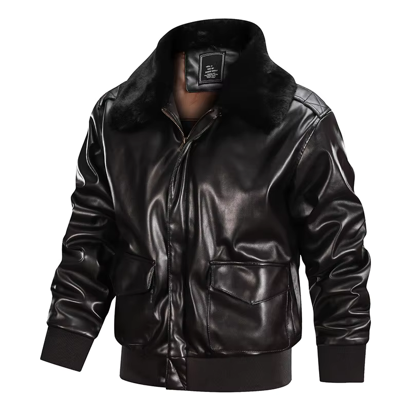 Men's black PU leather regular fit jacket with fur collar, zipper flap pockets, and ribbed cuffs