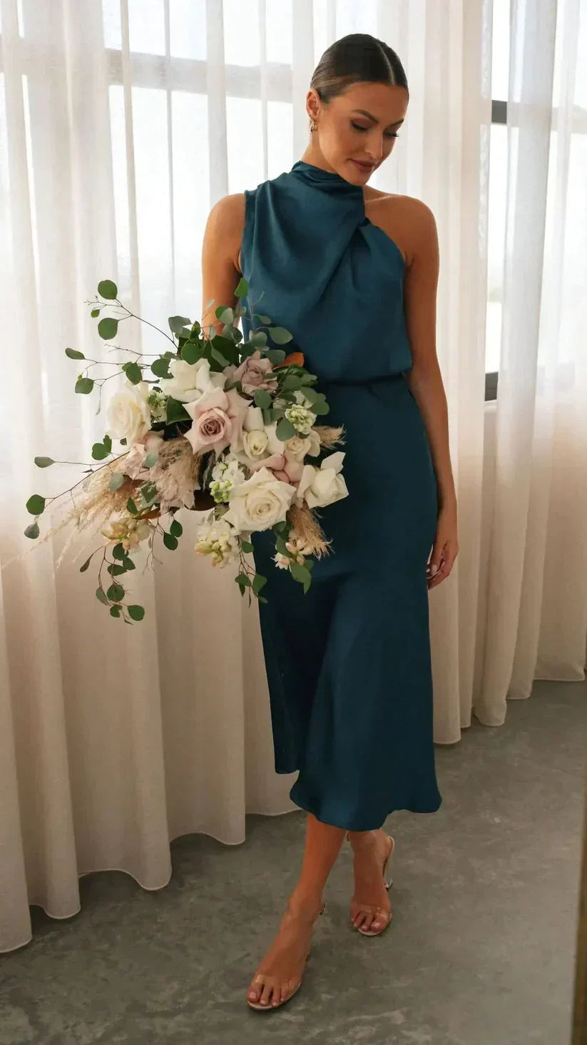 Women's satin one-shoulder evening dress slim silhouette elegant formal wear luxurious drape