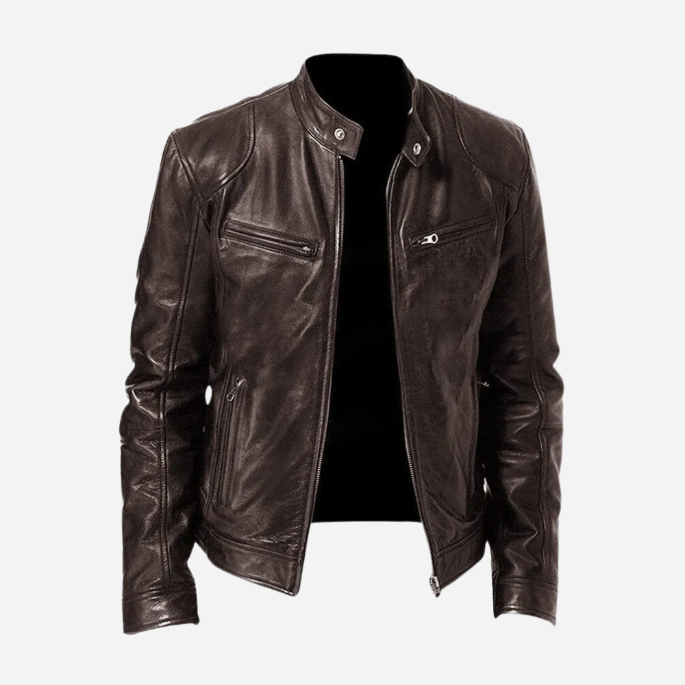Men's genuine leather slim fit biker jacket in black with snap-tab collar and zipper closure