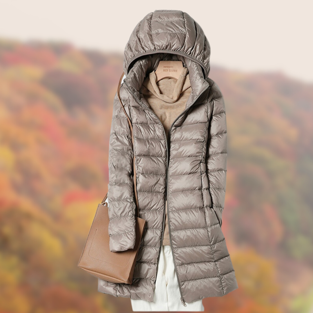 Women slim fit hooded puffer jacket lightweight flattering silhouette integrated hood everyday warmth