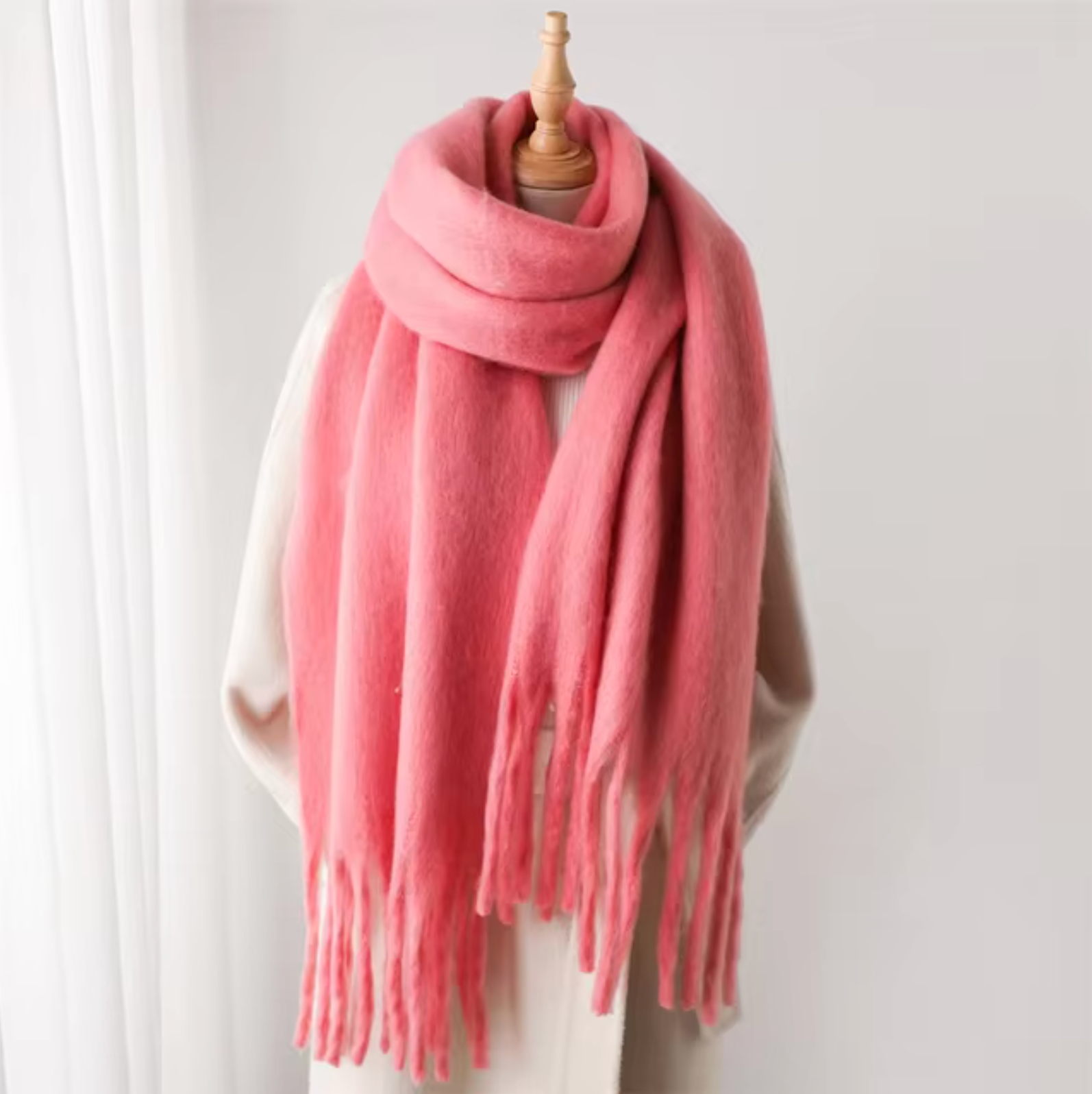 Women's cashmere-like pashmina winter scarf with long fringe, solid color, soft warm wrap