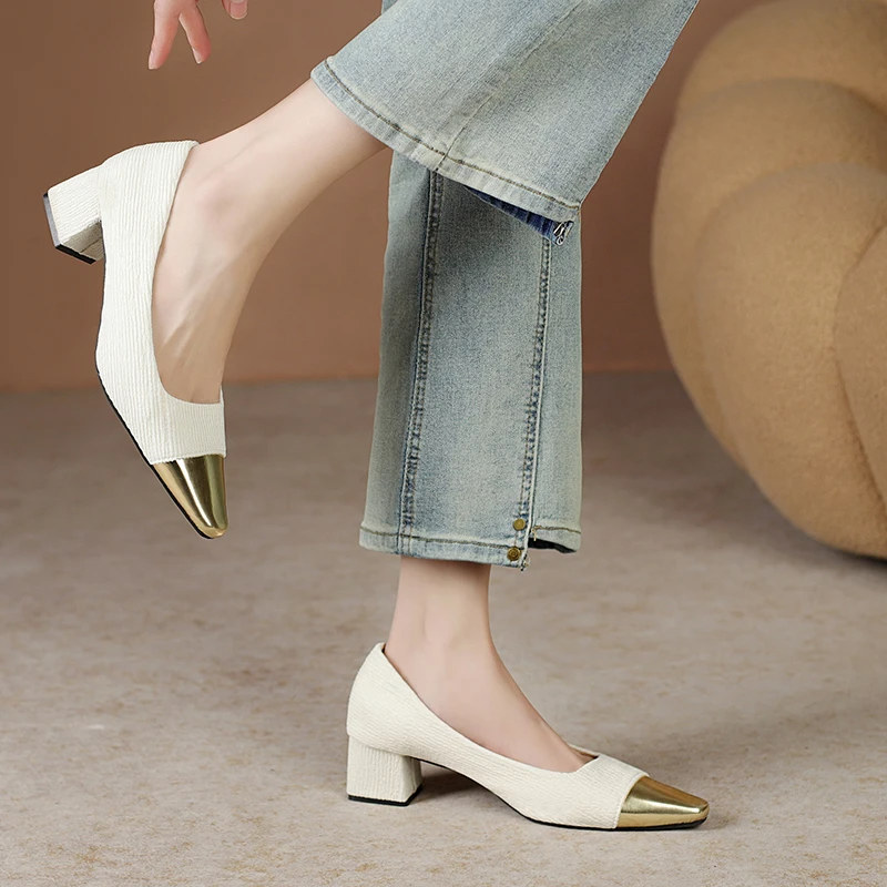 Florence women's block heel shoe with breathable knit upper and polished metallic cap-toe detail