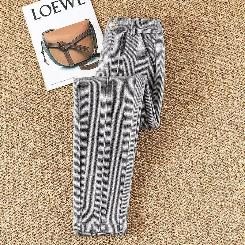 Women's herringbone wool-blend high-waist tailored pencil trousers with classic woven pattern