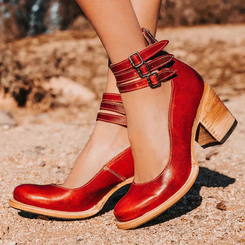 Women's vintage leather strap pumps with adjustable buckles, retro style, padded insole for all-day comfort