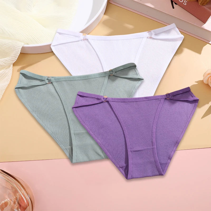 Women's ribbed cotton double strap panties set with hip ring detailing, ultra-soft breathable everyday fit