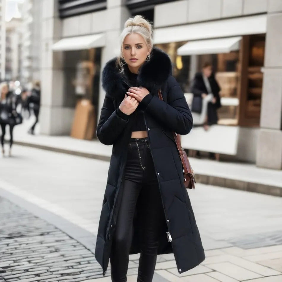 Women's black belted high-neck puffer coat with adjustable waist for a cozy winter silhouette