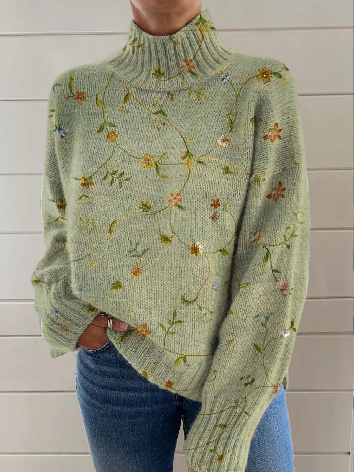 Women's floral embroidered high neck knit sweater, cozy romantic style with delicate stitching