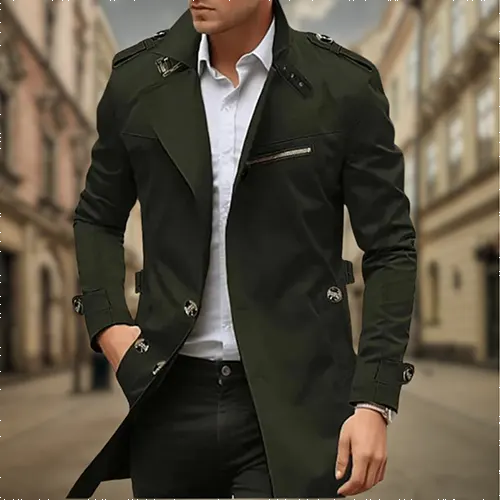 Men's slim-fit long coat in neutral tone, elegant structured silhouette with discreet button closure