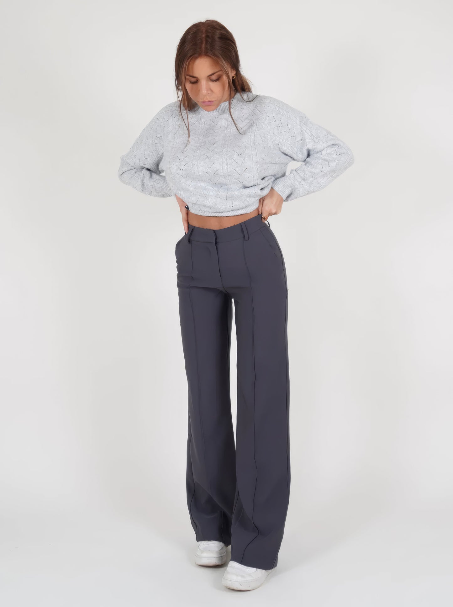 Women's wide-leg straight pants tailored cut elongated silhouette structured waistband versatile desk-to-dinner