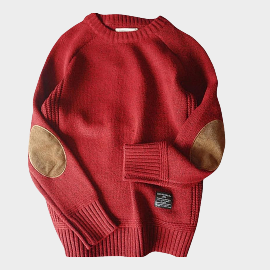 Beige cozy knit sweater smart casual cut with contrast elbow patches