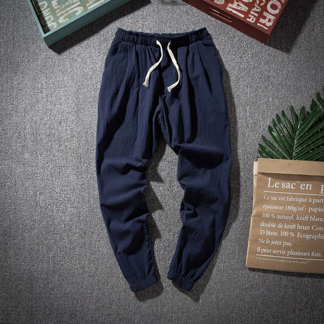 Men's beige linen joggers relaxed tailored fit lightweight breathable classic style