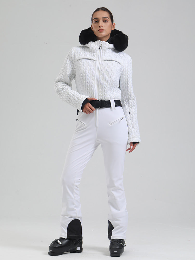 Women's white ski suit flare silhouette with faux fur trim hood, 20K waterproof breathable snow suit