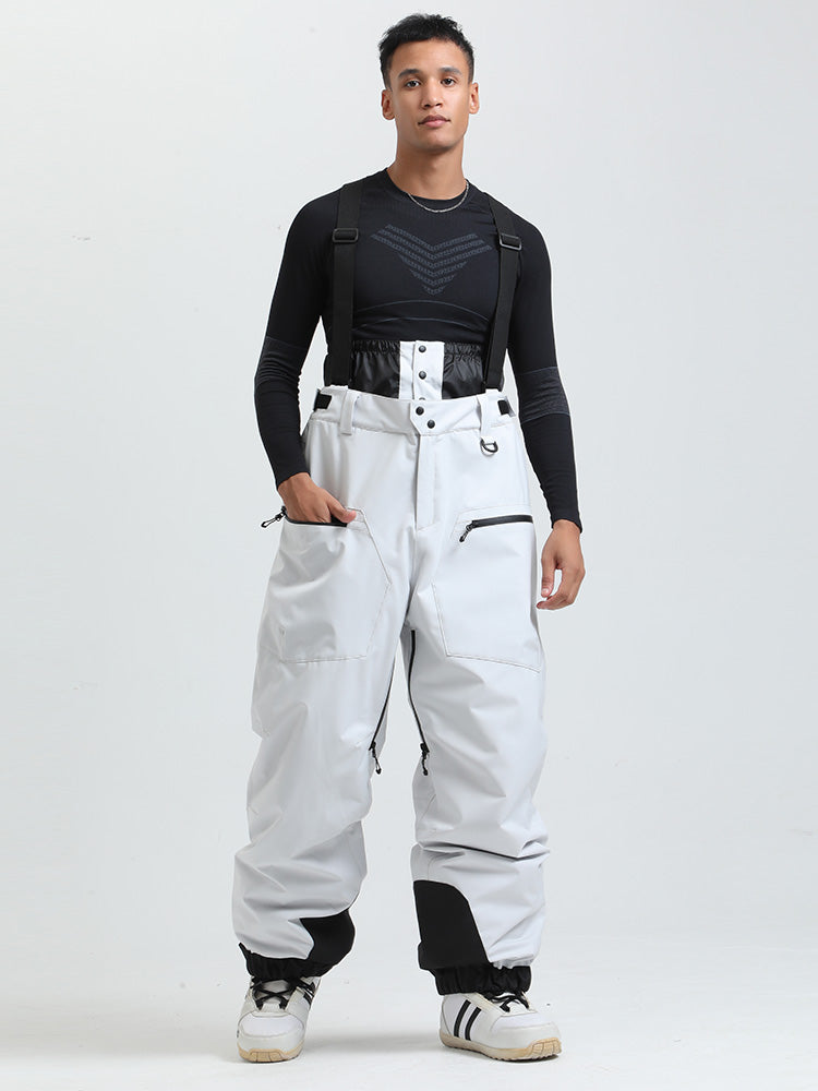 Men's black cargo snow bib pants 15K waterproof removable suspenders and integrated gaiter