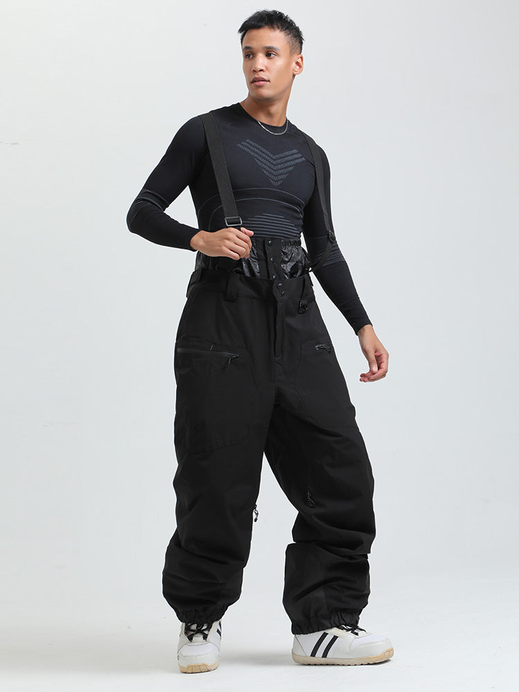 Men's black waterproof ski bib pants with removable suspenders, cargo pockets, and integrated gaiter