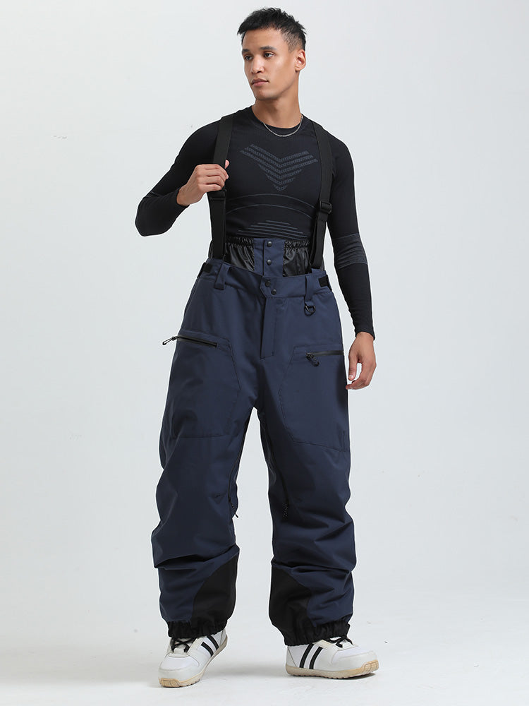 Men's black cargo snow bib pants 15K waterproof removable suspenders ski gaiter