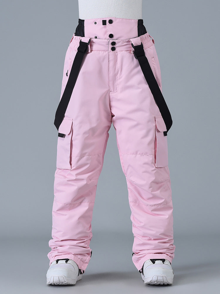 Women's black bib snow pants 10K waterproof with adjustable suspenders and boot gaiters for mountain sports