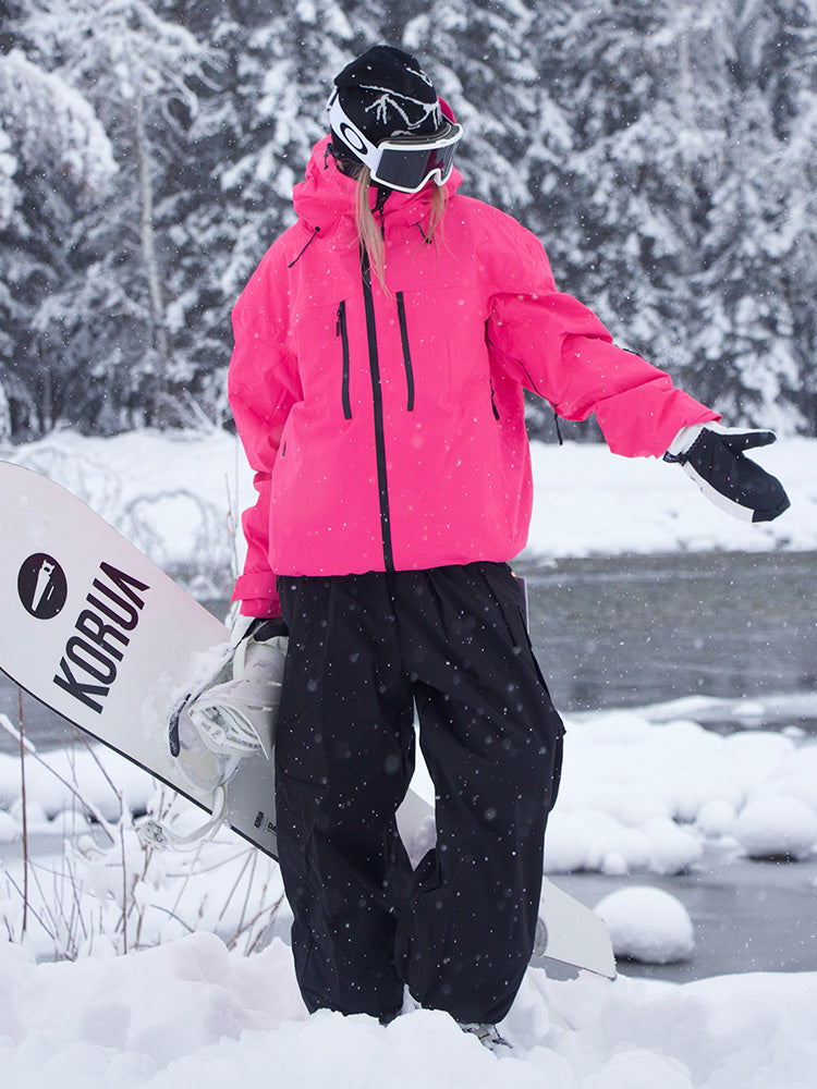 Women's white thermal snow suit waterproof one-piece with connected hood and cargo pockets
