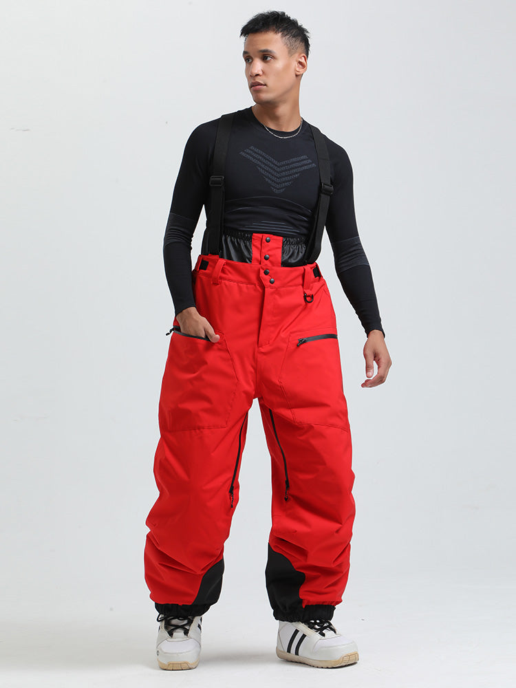 Men's black waterproof cargo snow bib pants with removable suspenders and integrated gaiter