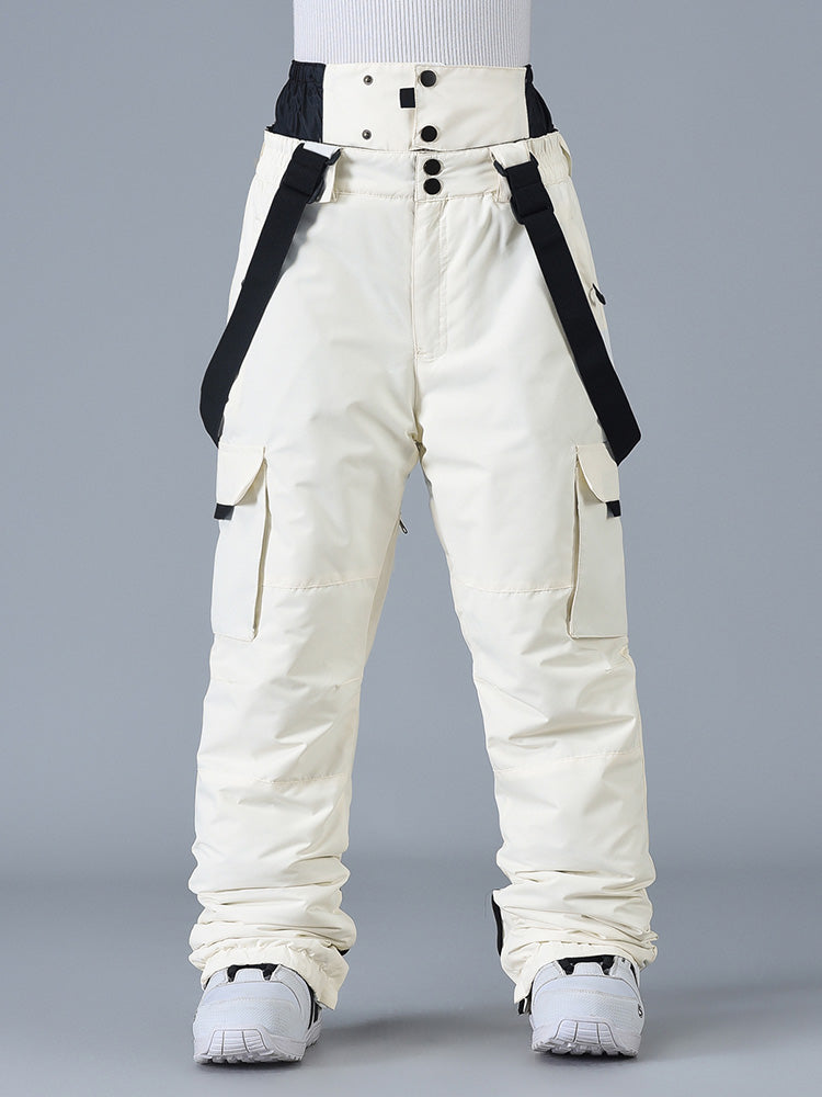 Women's black bib snow pants 10K waterproof with adjustable suspenders and boot gaiters for mountain skiing