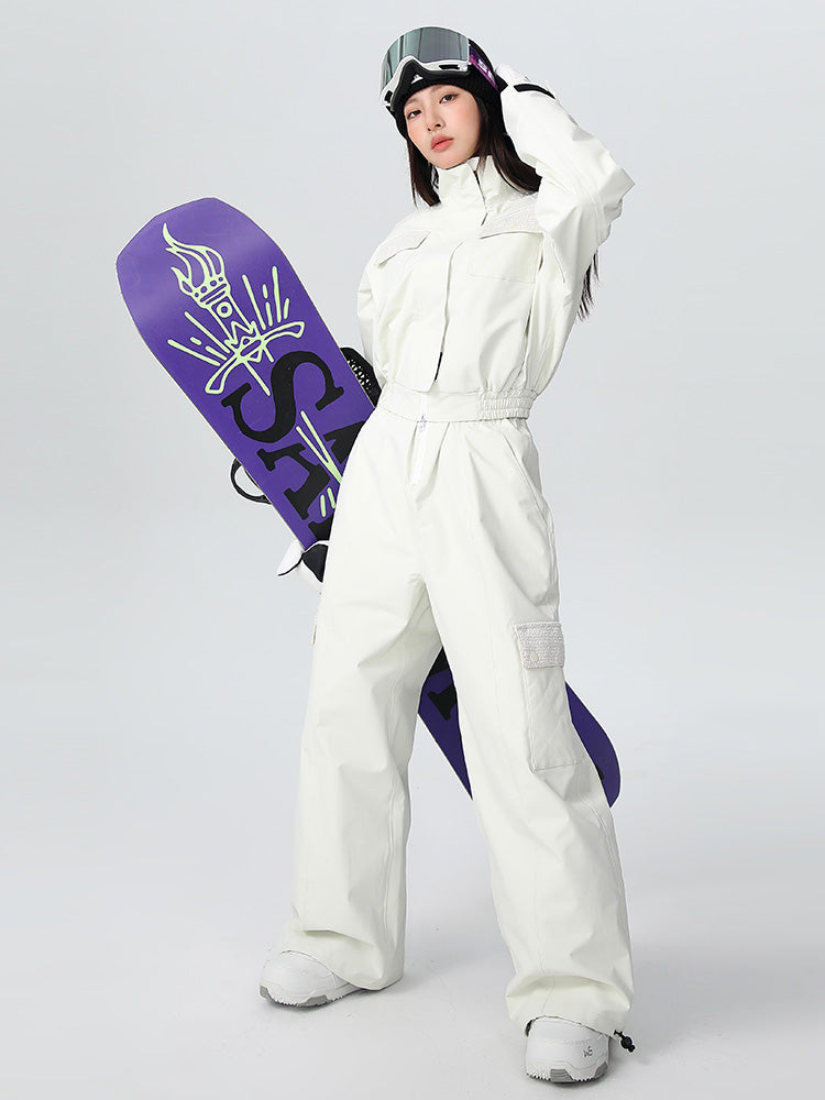 Women's waterproof insulated snowsuit overalls set in alpine style with relaxed-fit bib and 15K breathable rating